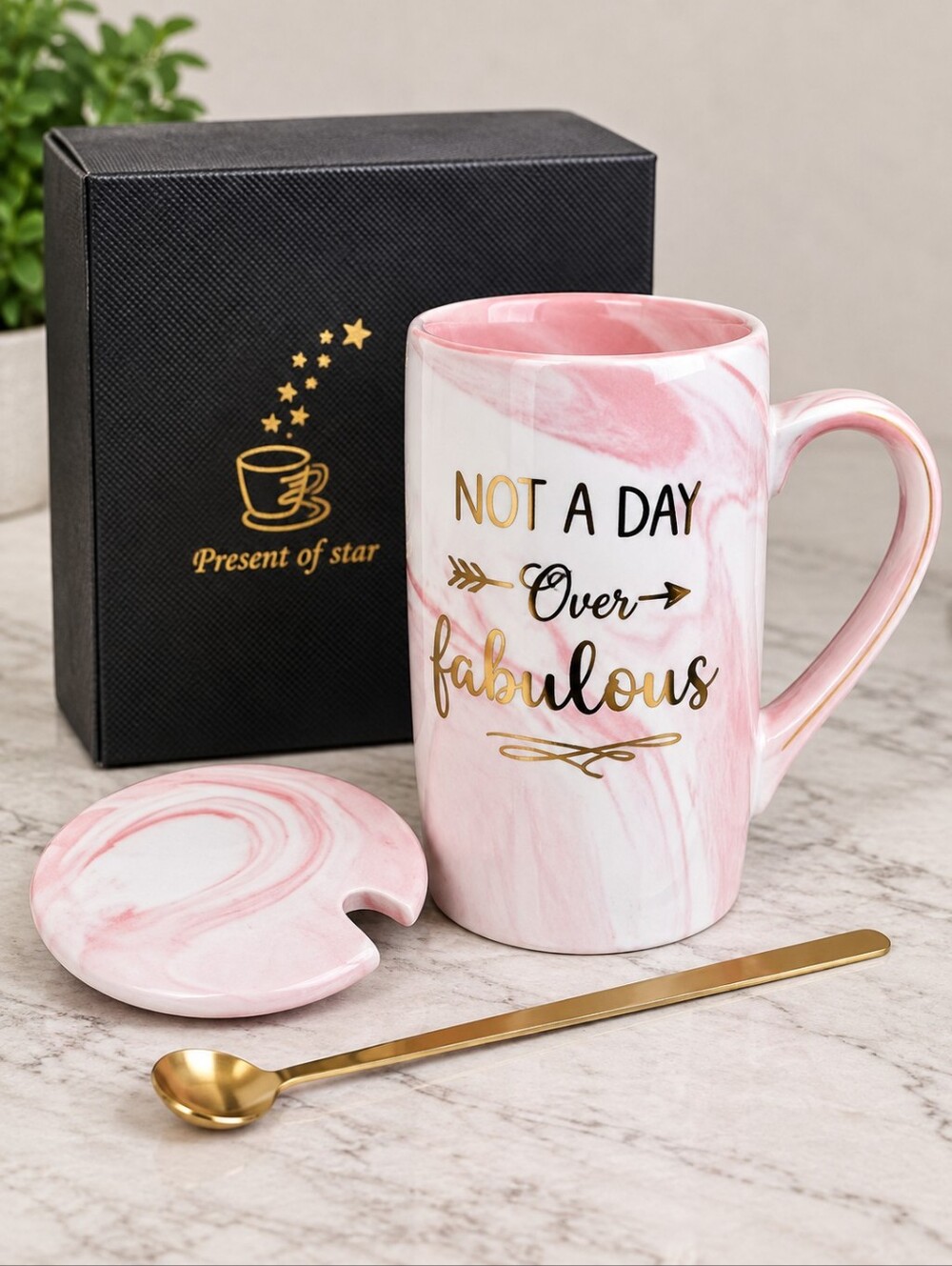 Present of Star Not a Day Over Fabulous Coffee Mug 14oz Pink Gold NIB